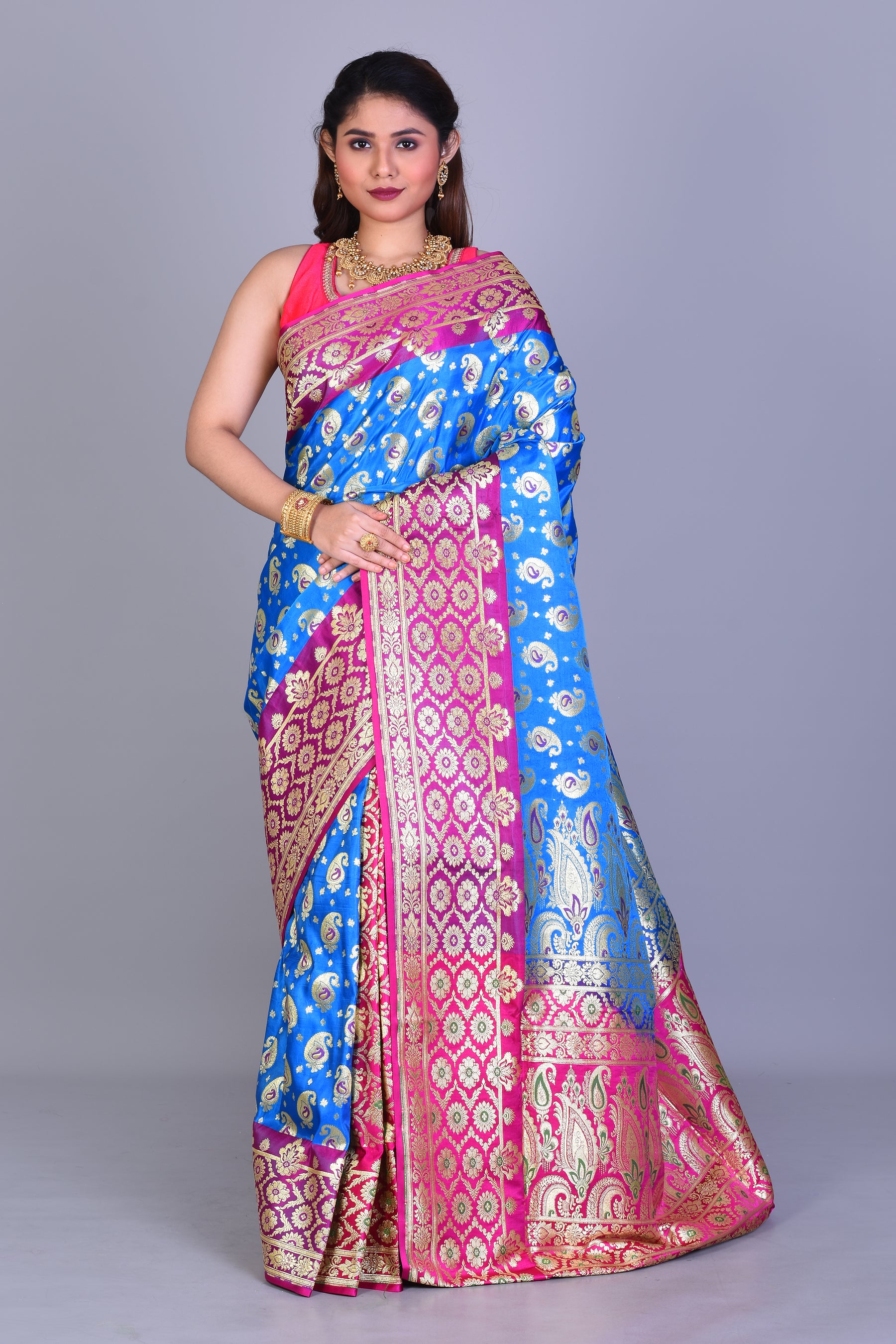 Bright Blue Patli Pallu Banarasi Saree with Blouse Piece - Keya Seth Exclusive