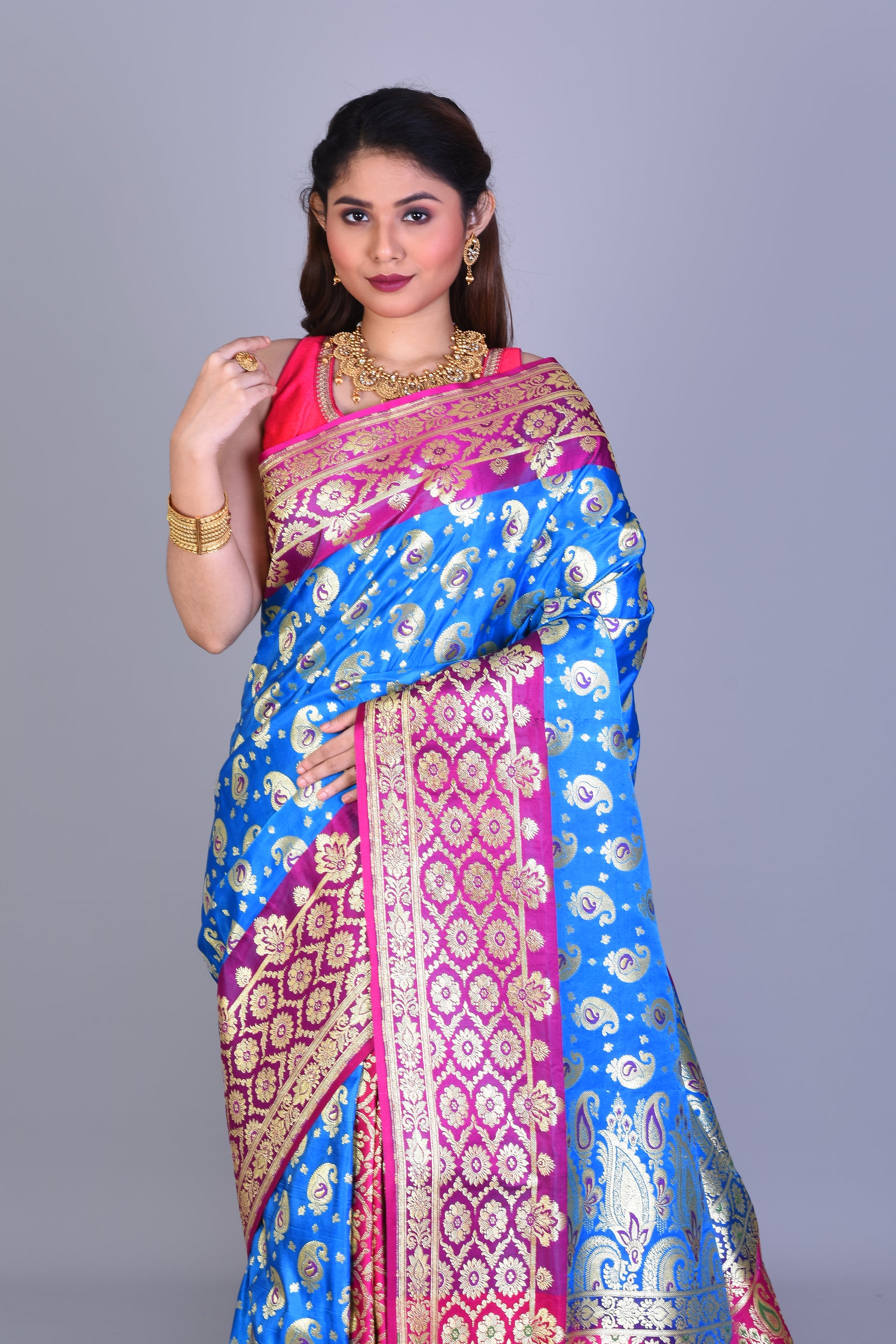 Bright Blue Patli Pallu Banarasi Saree with Blouse Piece - Keya Seth Exclusive