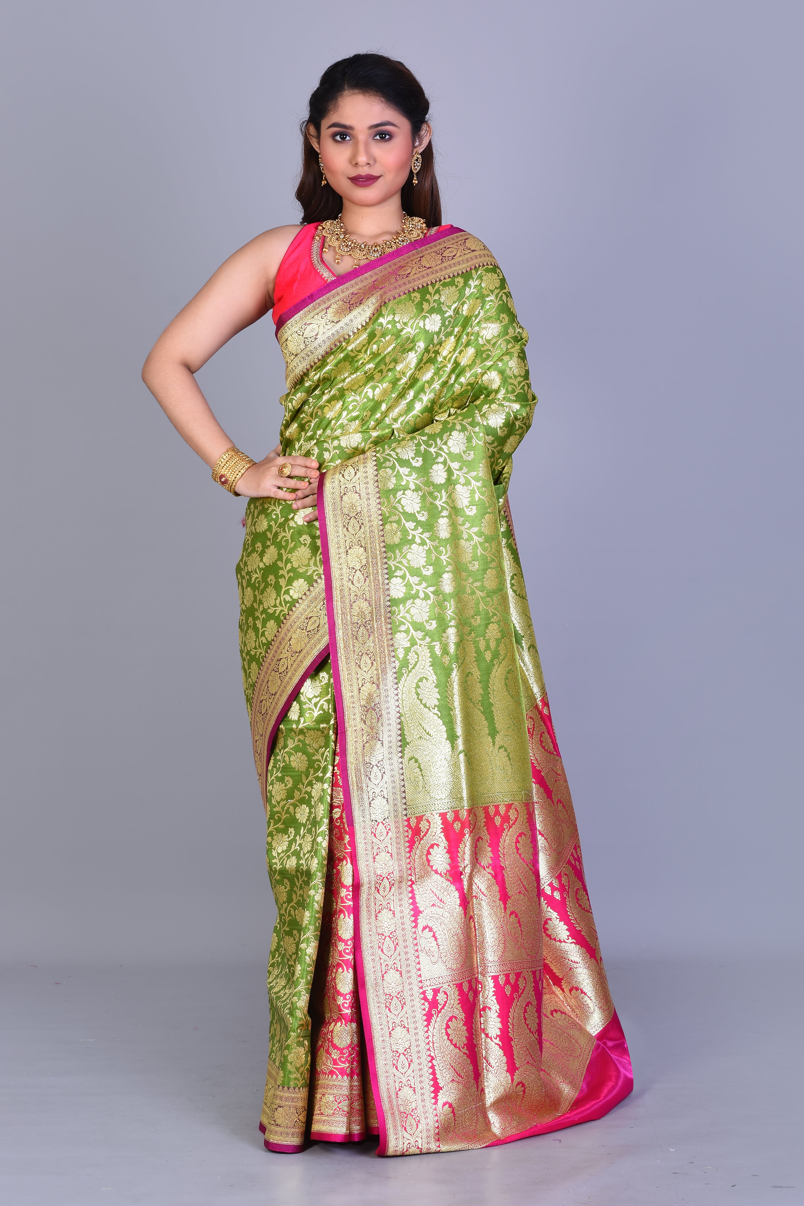 Parrot Green Patli Pallu Banarasi Saree with Blouse Piece - Keya Seth Exclusive