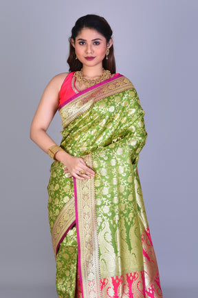 Parrot Green Patli Pallu Banarasi Saree with Blouse Piece - Keya Seth Exclusive