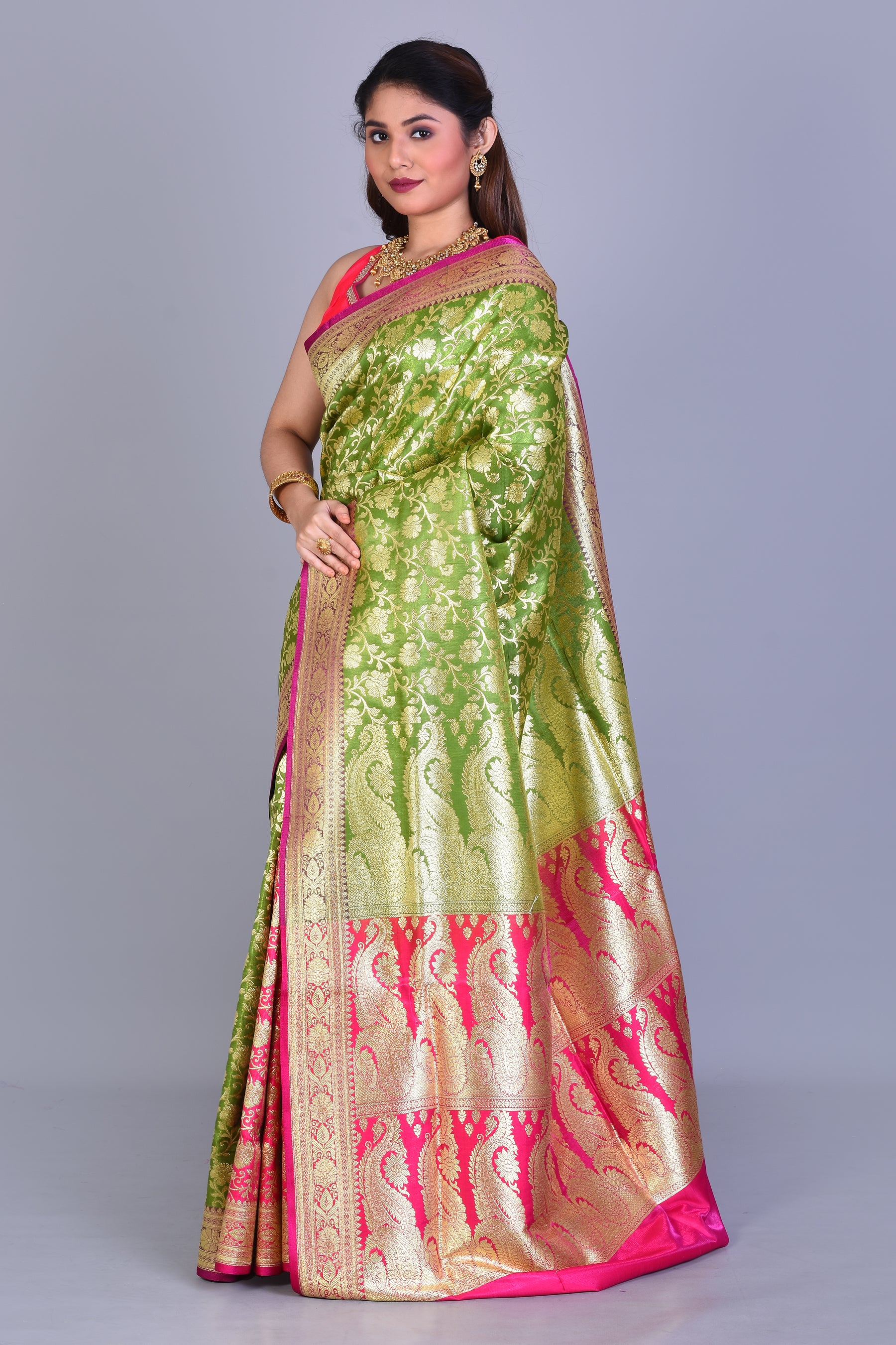 Parrot Green Patli Pallu Banarasi Saree with Blouse Piece - Keya Seth Exclusive