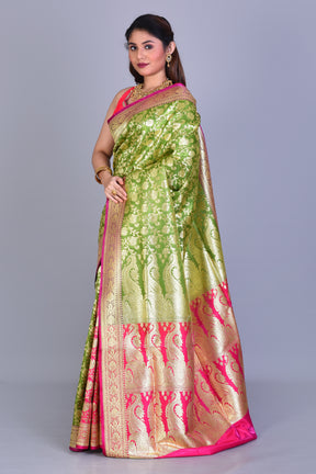 Parrot Green Patli Pallu Banarasi Saree with Blouse Piece - Keya Seth Exclusive