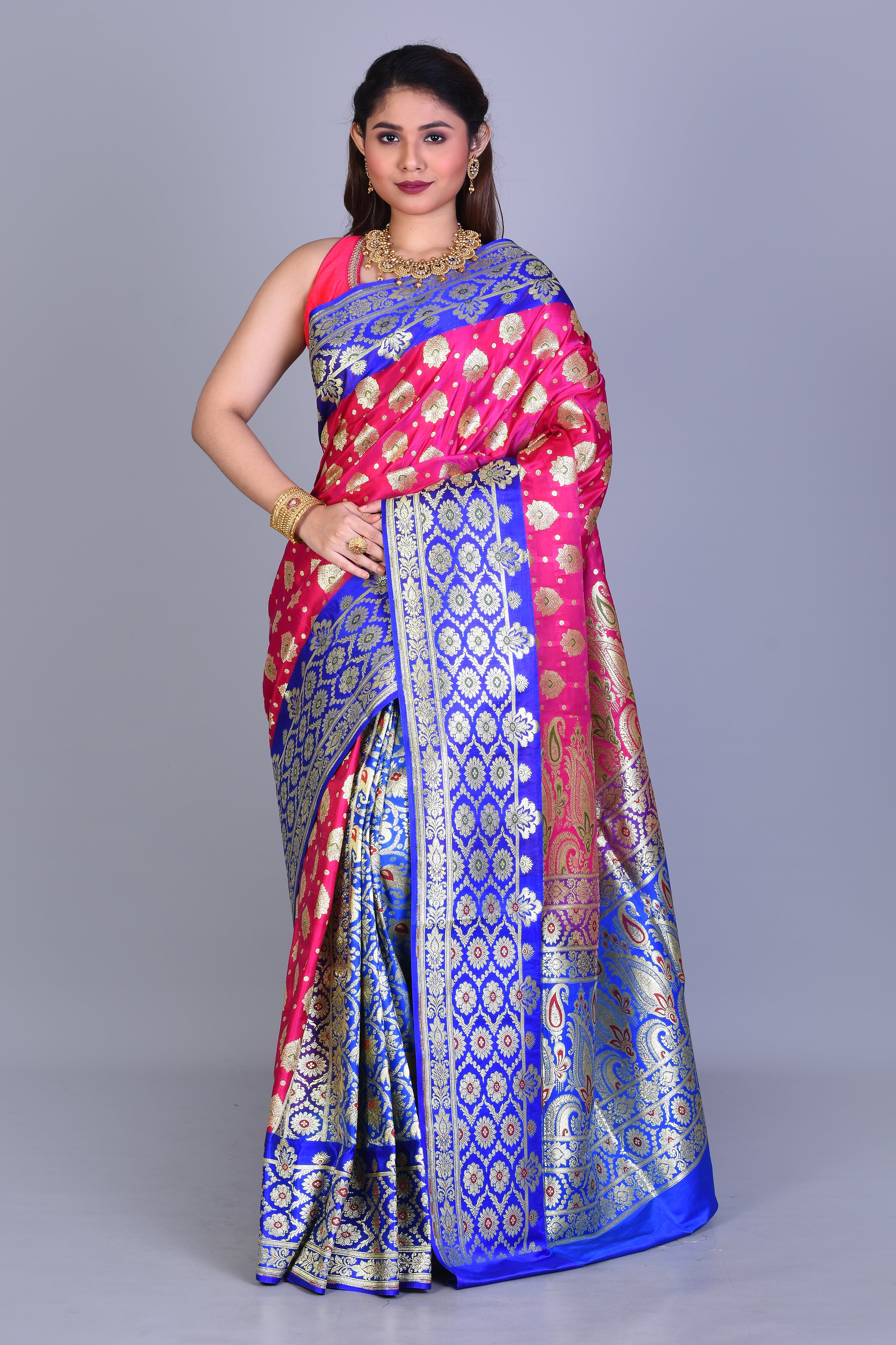 Bright Rani Patli Pallu Banarasi Saree with Blouse Piece - Keya Seth Exclusive