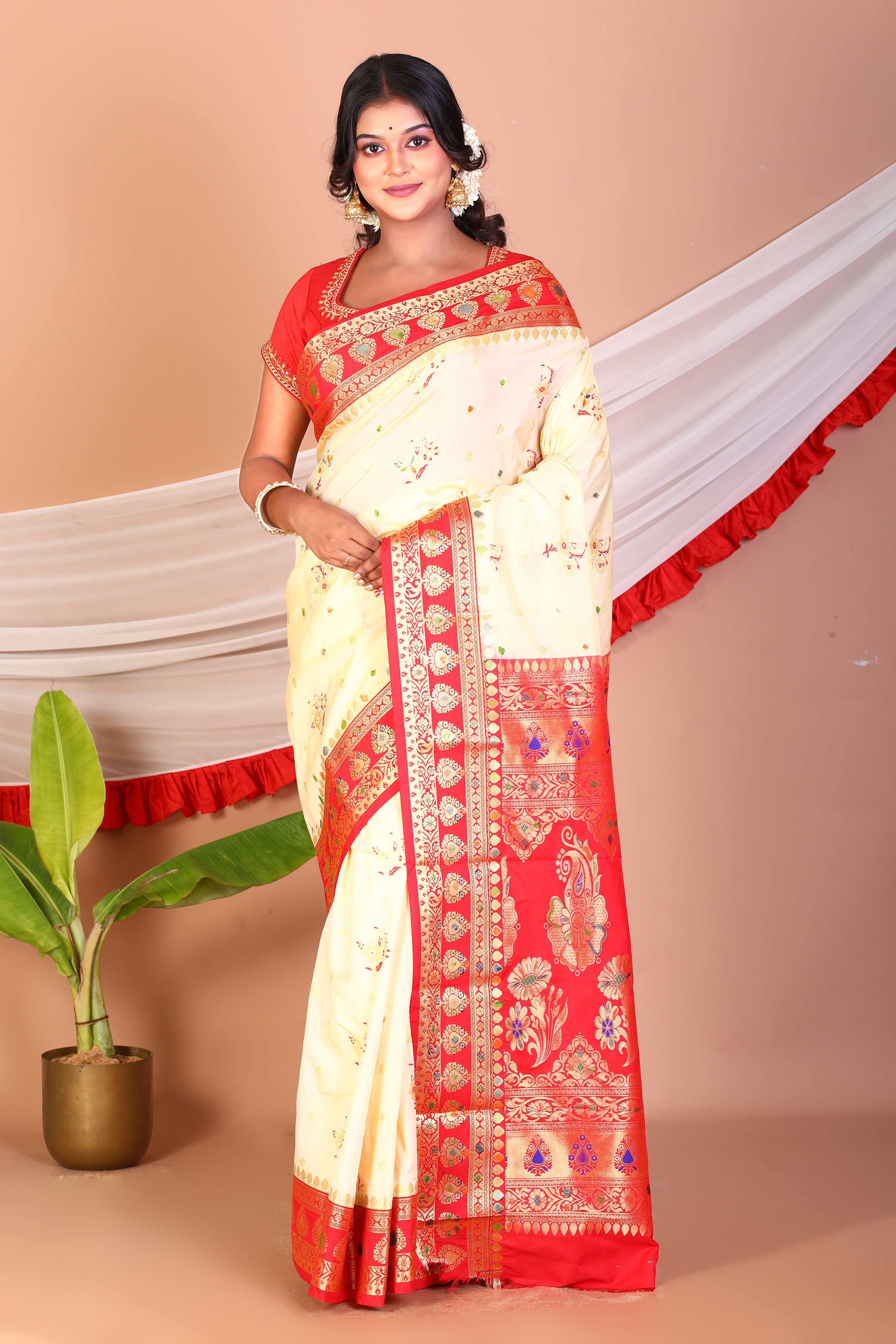 Offwhite and Red Blended Katan Silk Saree - Keya Seth Exclusive
