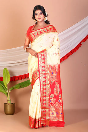 Offwhite and Red Blended Katan Silk Saree - Keya Seth Exclusive