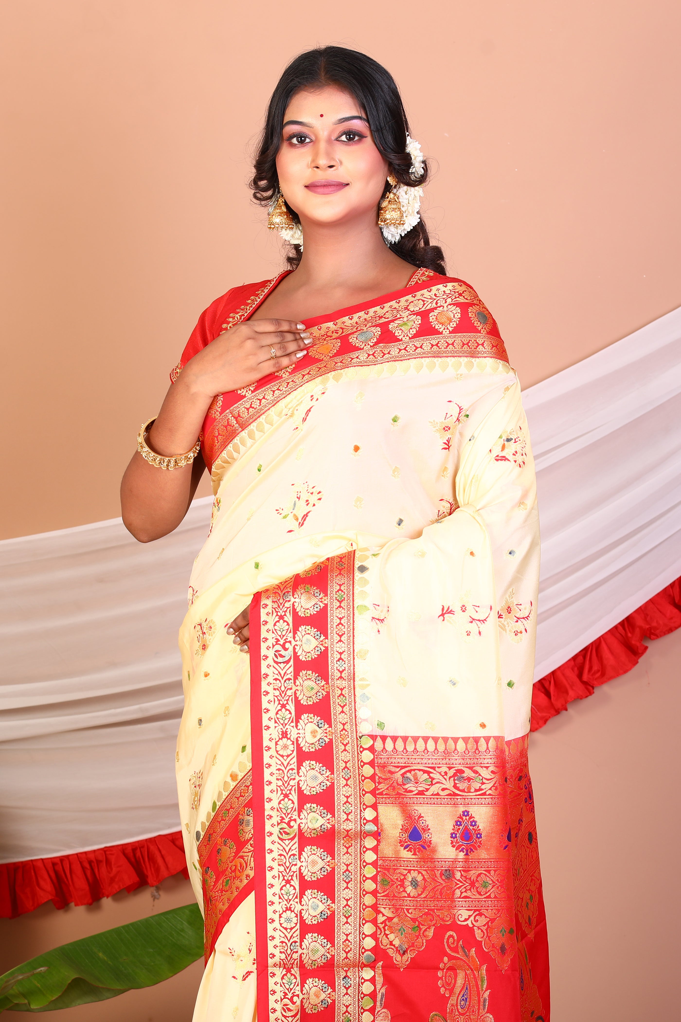 Offwhite and Red Blended Katan Silk Saree - Keya Seth Exclusive