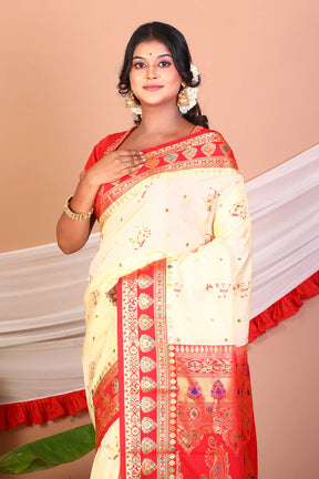 Offwhite and Red Blended Katan Silk Saree - Keya Seth Exclusive