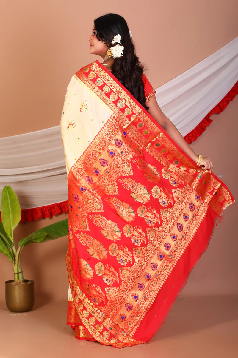 Offwhite and Red Blended Katan Silk Saree - Keya Seth Exclusive