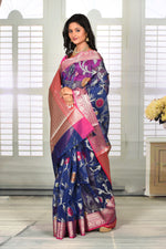 Load image into Gallery viewer, Navy Blue Floral Organza Saree with Pink Border - Keya Seth Exclusive

