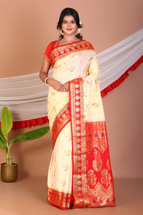 Offwhite and Red Blended Katan Silk Saree - Keya Seth Exclusive