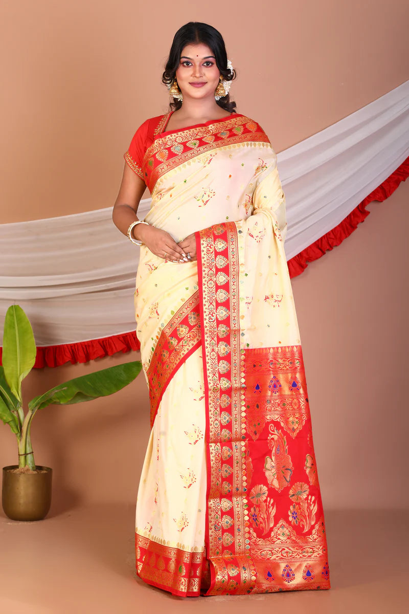 Offwhite and Red Blended Katan Silk Saree - Keya Seth Exclusive
