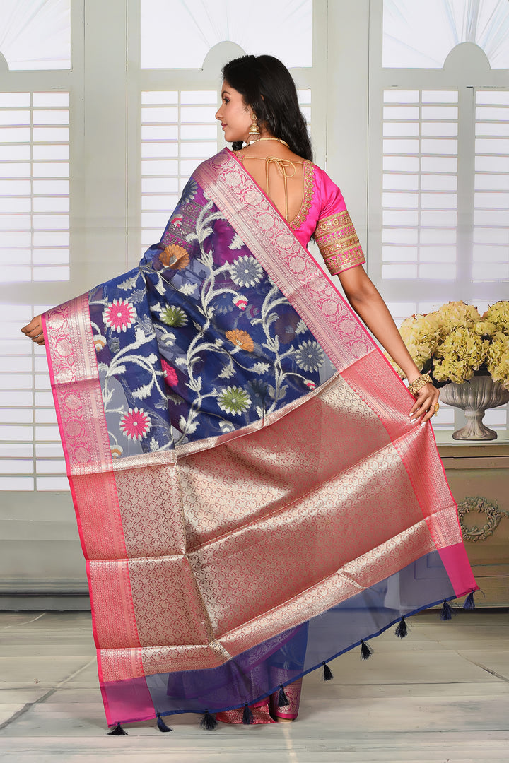 Navy Blue Floral Organza Saree with Pink Border - Keya Seth Exclusive