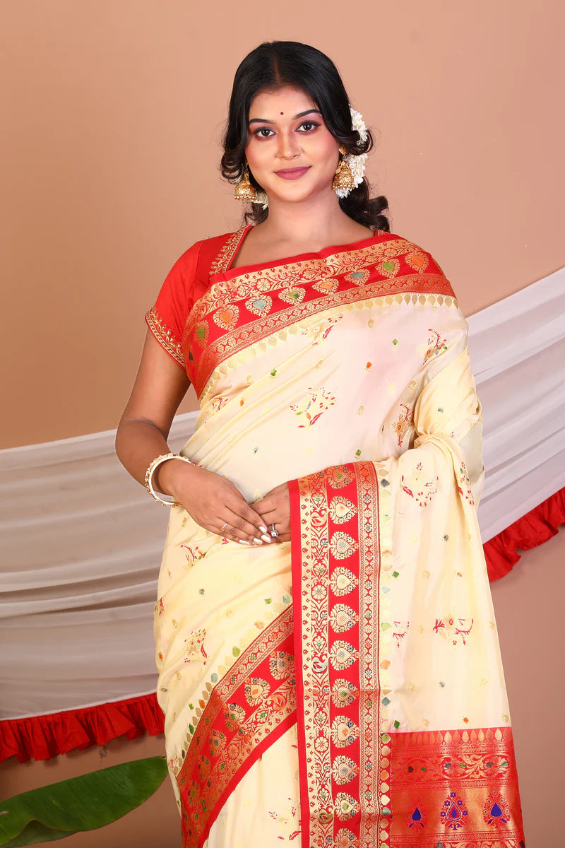 Offwhite and Red Blended Katan Silk Saree - Keya Seth Exclusive