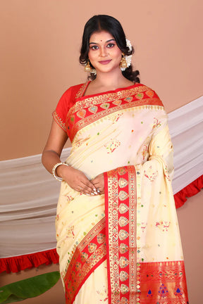 Offwhite and Red Blended Katan Silk Saree - Keya Seth Exclusive