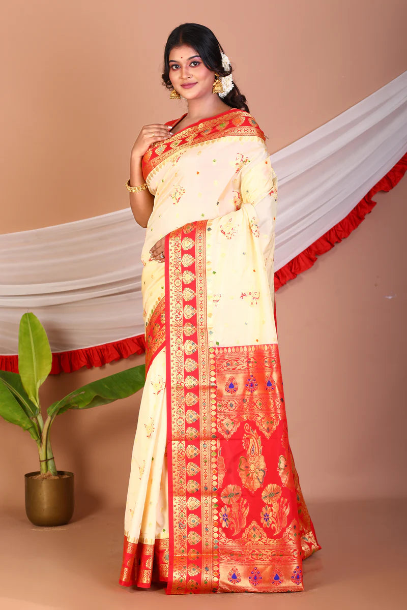 Offwhite and Red Blended Katan Silk Saree - Keya Seth Exclusive