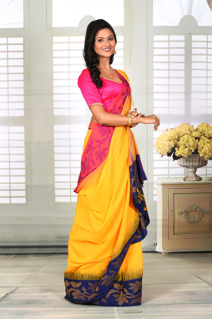 Yellow with Ganga-Jamuna Floral Border Cotton Handloom Saree - Keya Seth Exclusive