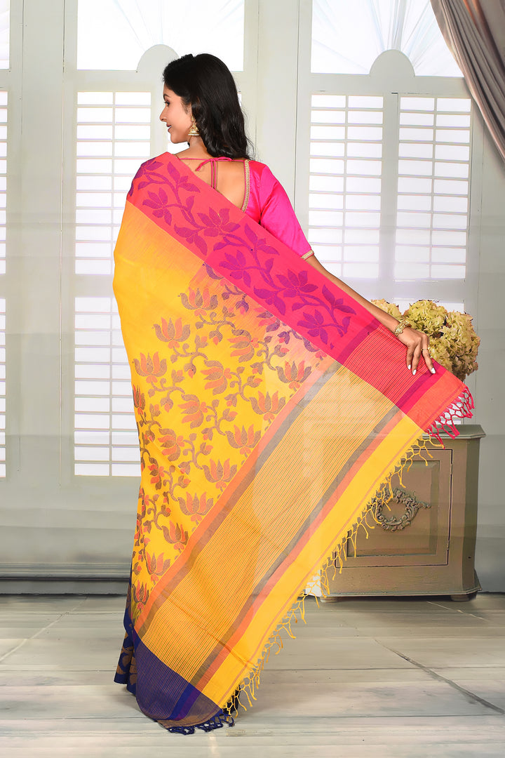 Yellow with Ganga-Jamuna Floral Border Cotton Handloom Saree - Keya Seth Exclusive