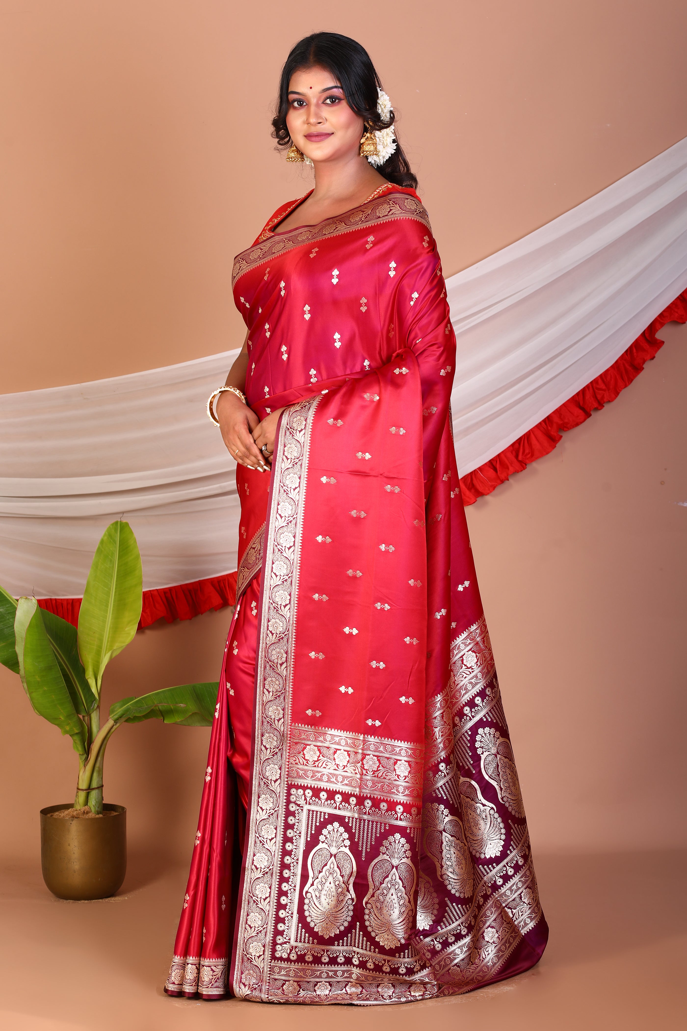 Bright Pink Blended Katan Silk Saree - Keya Seth Exclusive