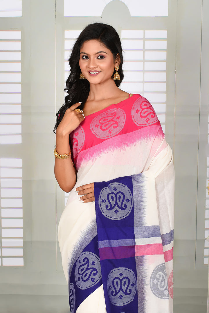 White with Ganga-Jamuna Floral Border Cotton Handloom Saree - Keya Seth Exclusive