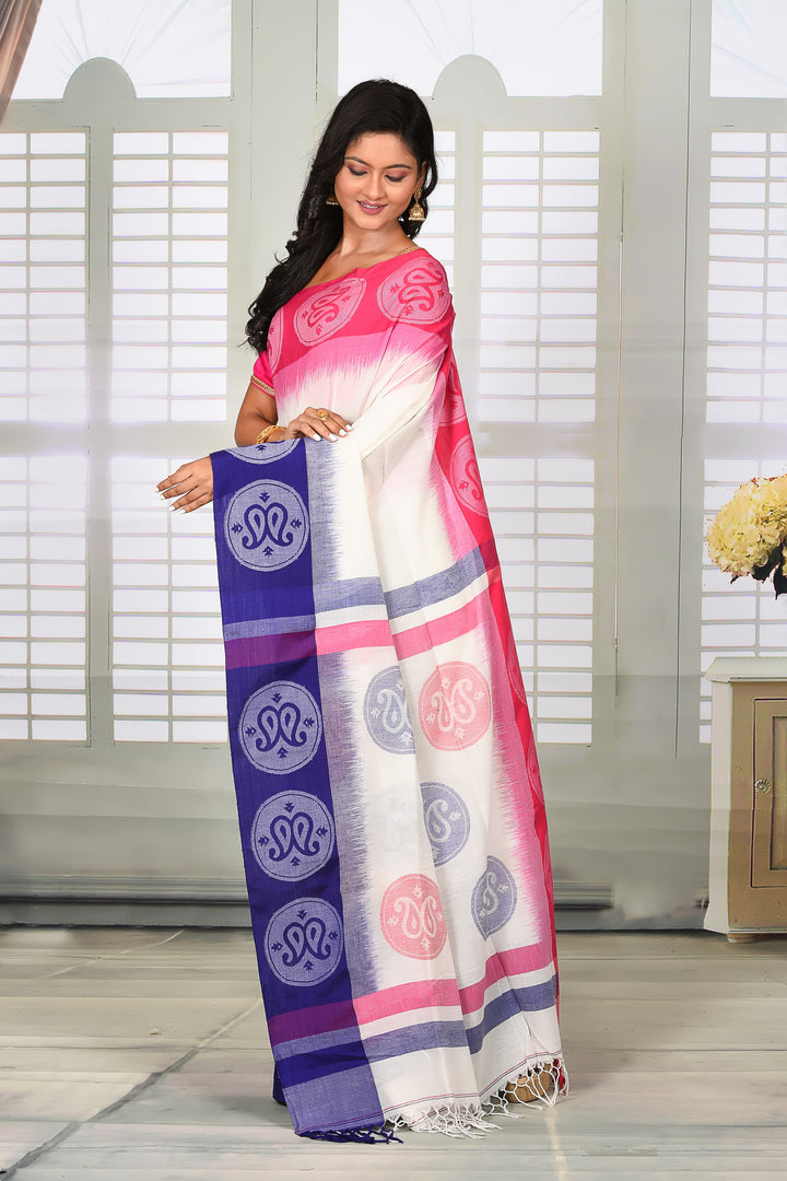 White with Ganga-Jamuna Floral Border Cotton Handloom Saree - Keya Seth Exclusive