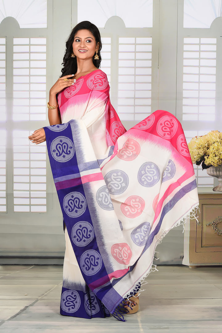 White with Ganga-Jamuna Floral Border Cotton Handloom Saree - Keya Seth Exclusive