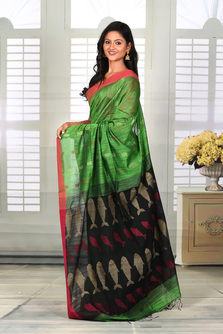 Green Linen Handloom Saree - Keya Seth Exclusive