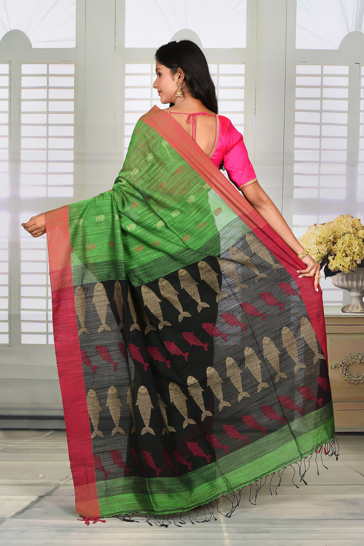 Green Linen Handloom Saree - Keya Seth Exclusive
