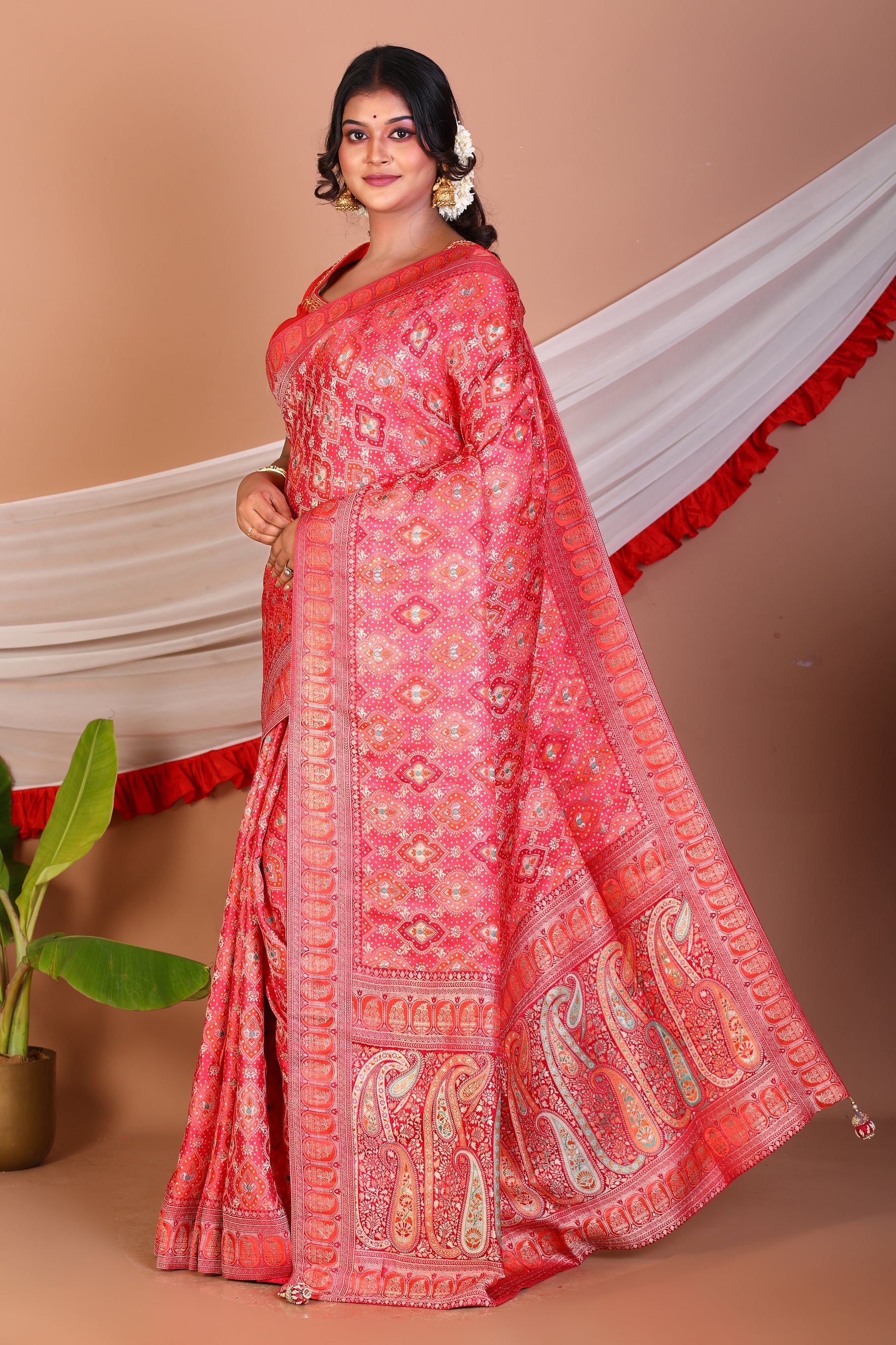 Red Blended Printed Silk Saree - Keya Seth Exclusive
