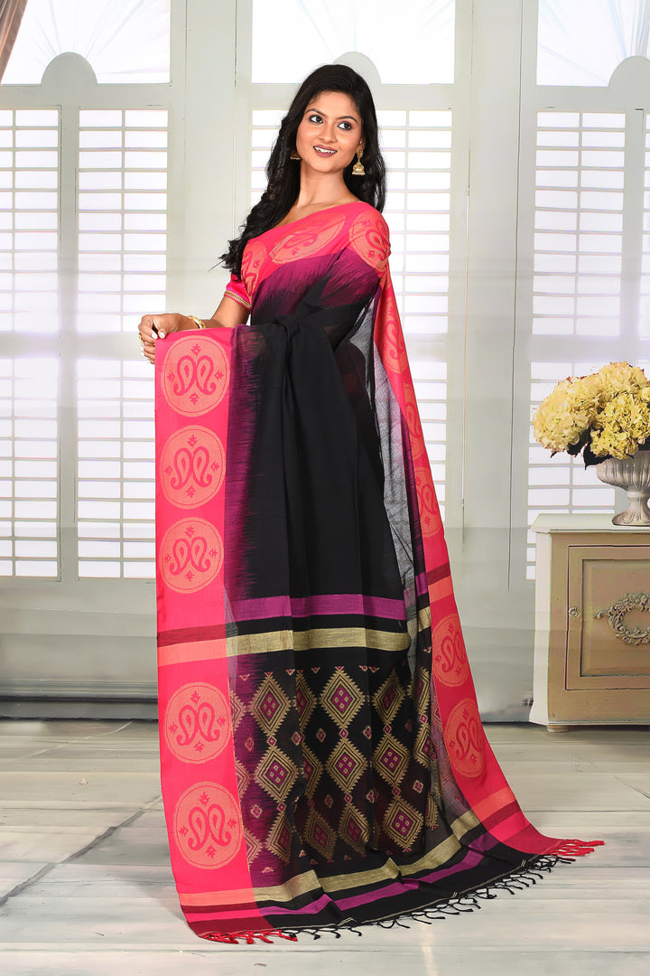 Black and Pink Cotton Handloom Saree - Keya Seth Exclusive