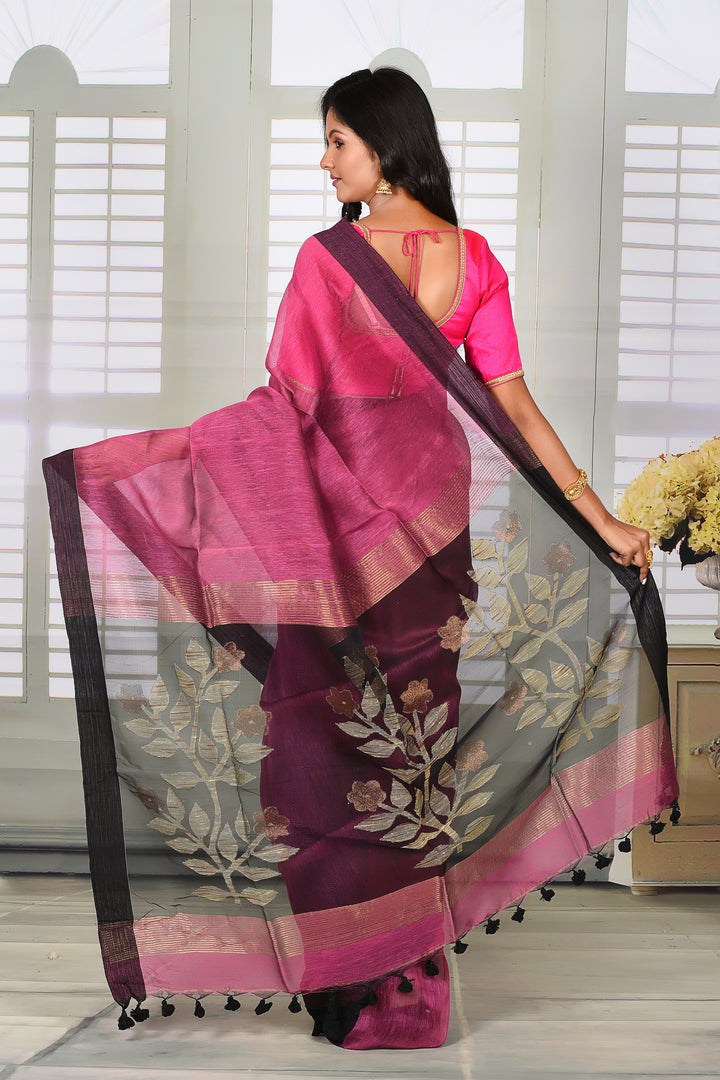 Magenta Linen Handloom Saree - Keya Seth Exclusive