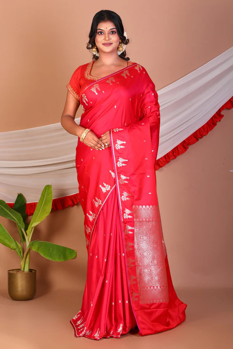 Bright Red Blended Mashru Silk Saree - Keya Seth Exclusive