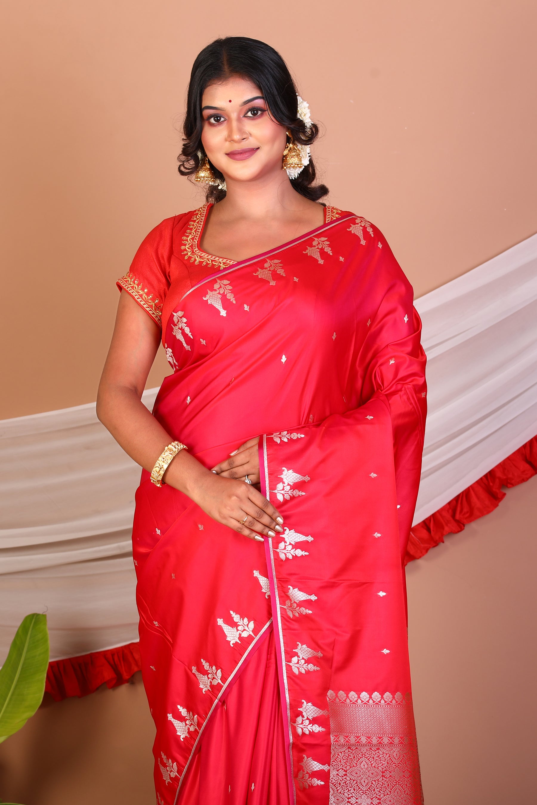Bright Red Blended Mashru Silk Saree - Keya Seth Exclusive