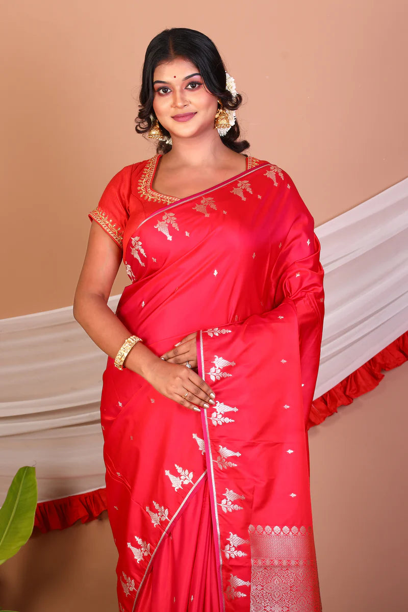 Bright Red Blended Mashru Silk Saree - Keya Seth Exclusive