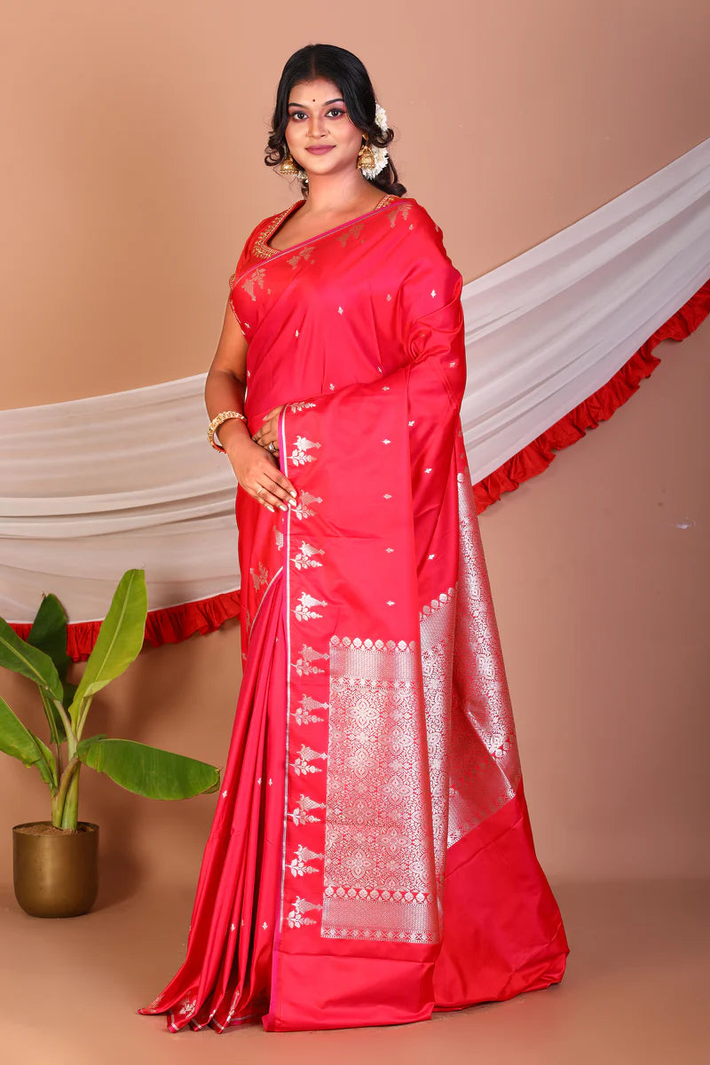 Bright Red Blended Mashru Silk Saree - Keya Seth Exclusive