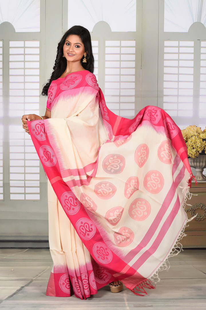 White and Pink Cotton Handloom Saree - Keya Seth Exclusive