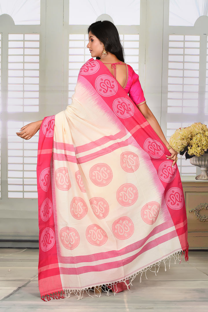 White and Pink Cotton Handloom Saree - Keya Seth Exclusive
