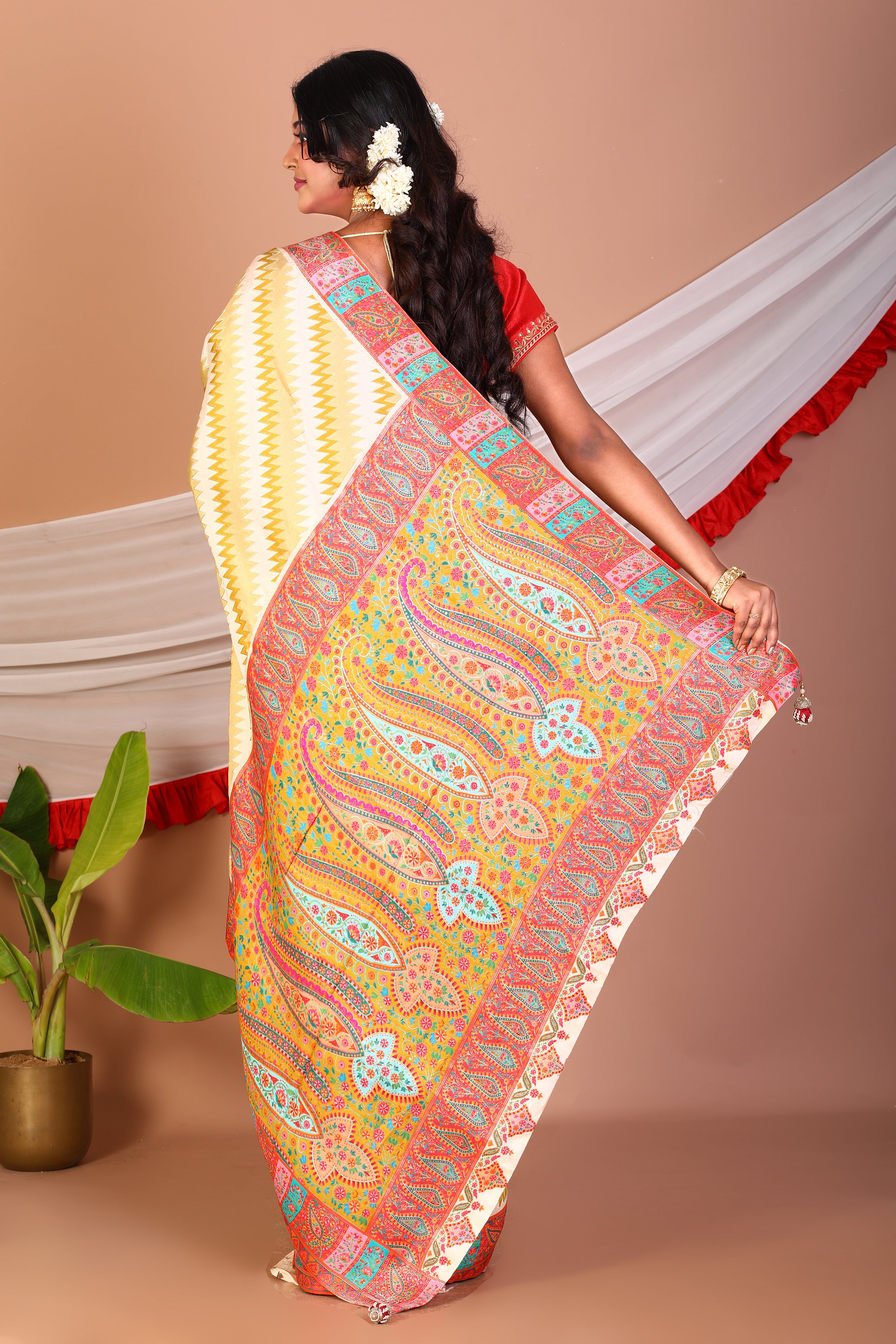 Yellow Blended Printed Silk Saree - Keya Seth Exclusive