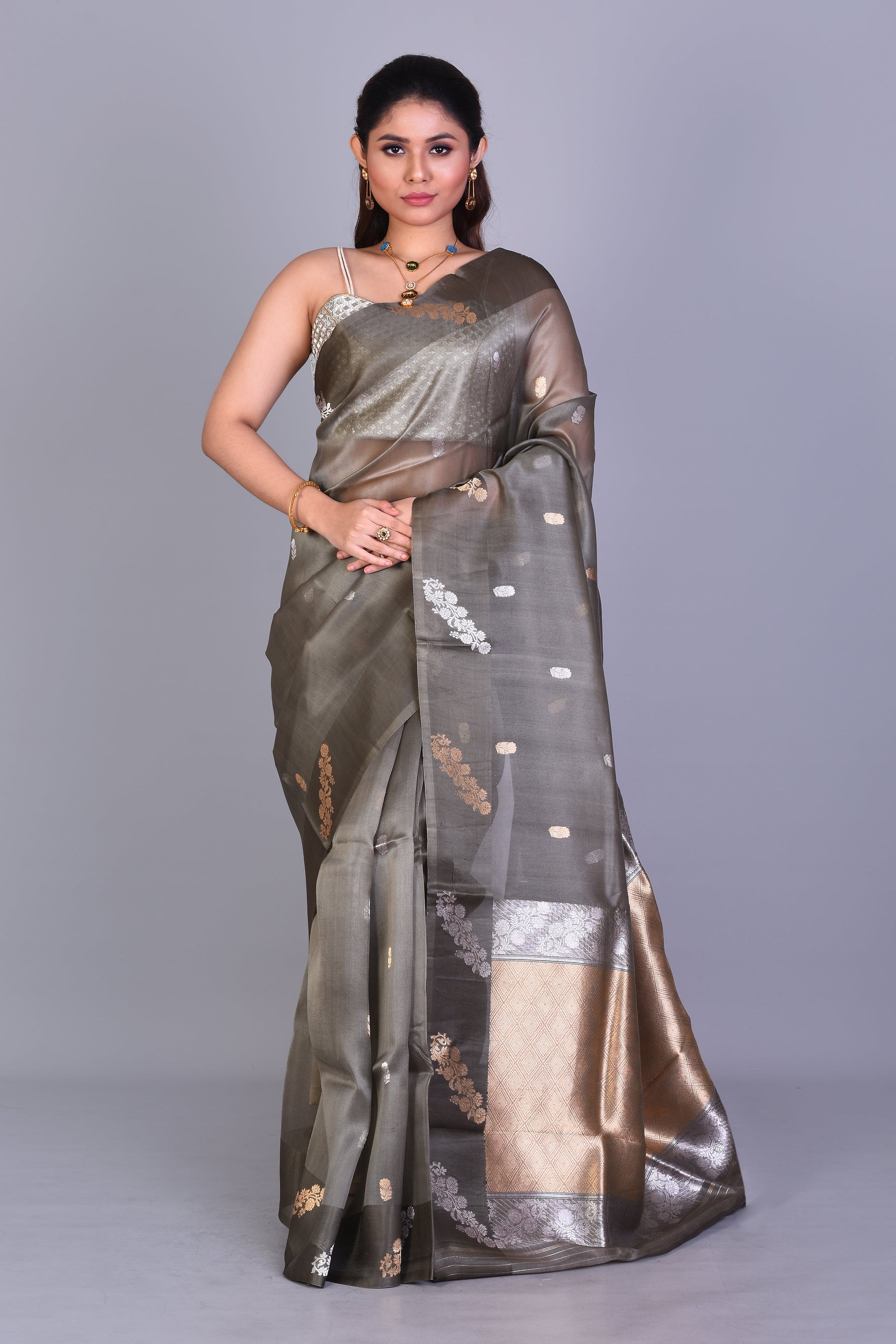 Grey Pure Kora Saree with Blouse Piece - Keya Seth Exclusive