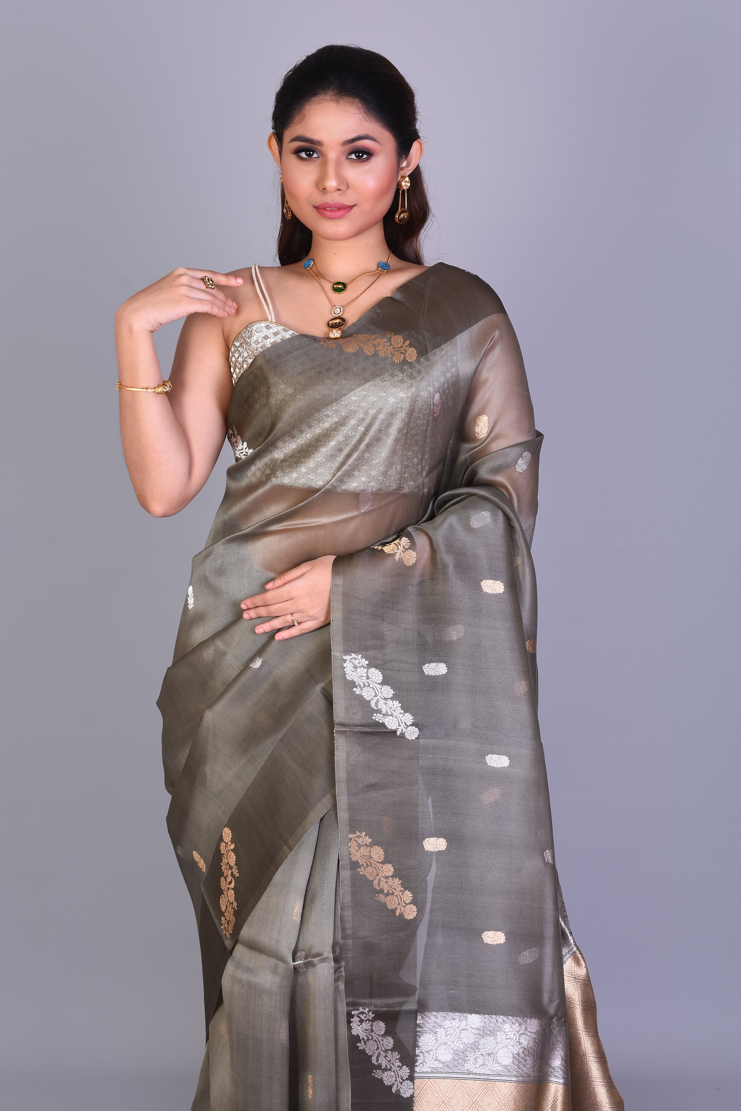 Grey Pure Kora Saree with Blouse Piece - Keya Seth Exclusive