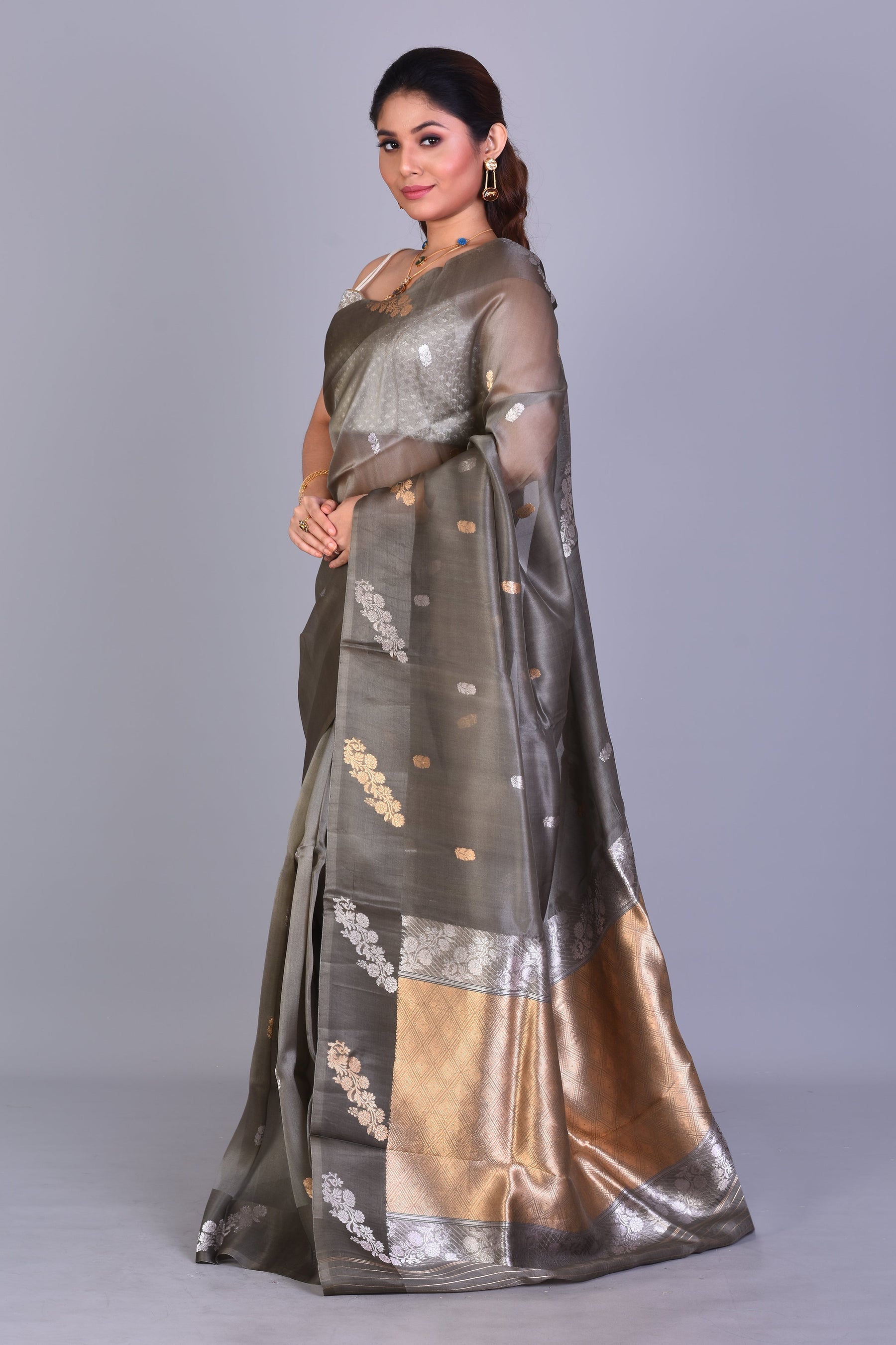 Grey Pure Kora Saree with Blouse Piece - Keya Seth Exclusive