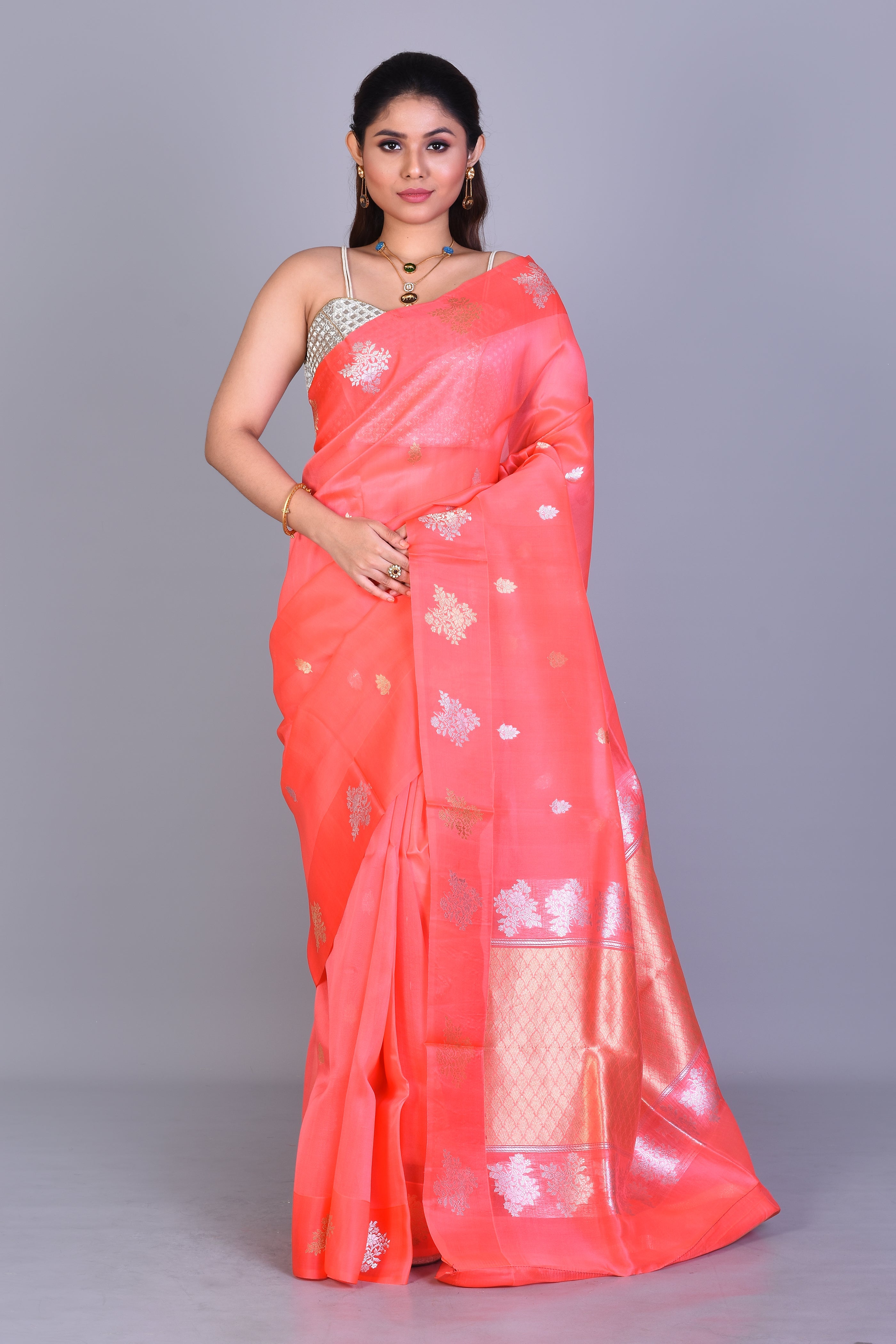 Peach Pure Kora Saree with Blouse Piece - Keya Seth Exclusive