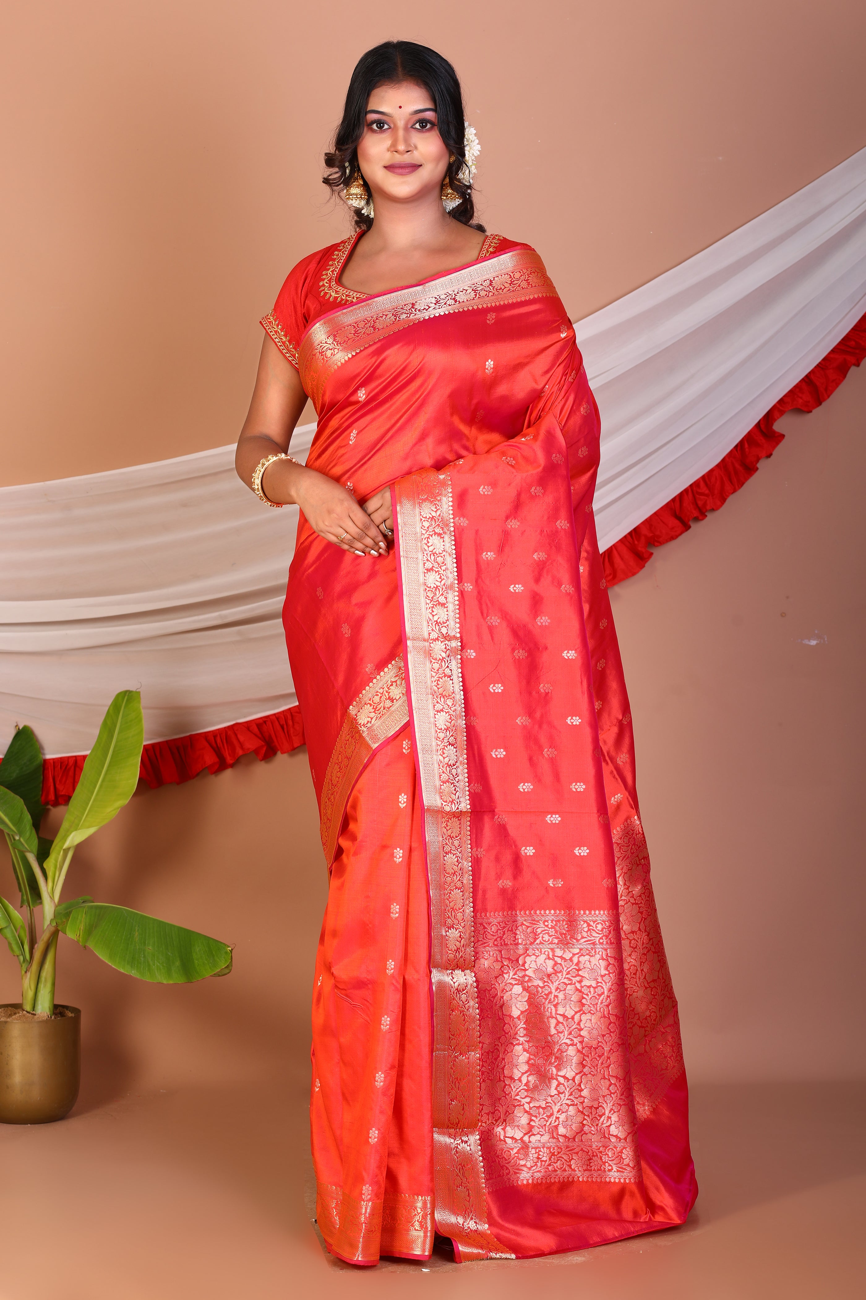 Dual Tone Red Pure Katan Saree - Keya Seth Exclusive