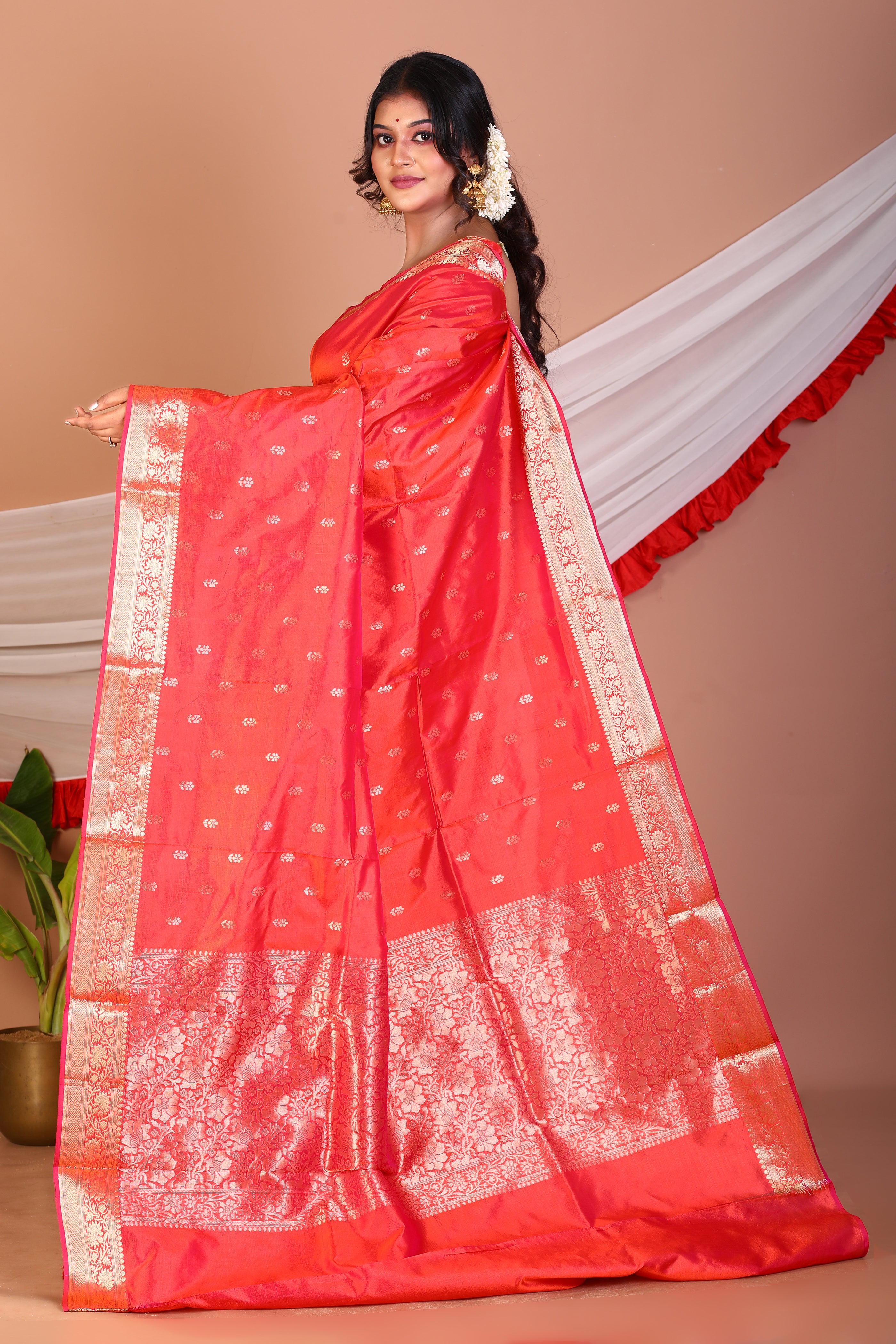 Dual Tone Red Pure Katan Saree - Keya Seth Exclusive
