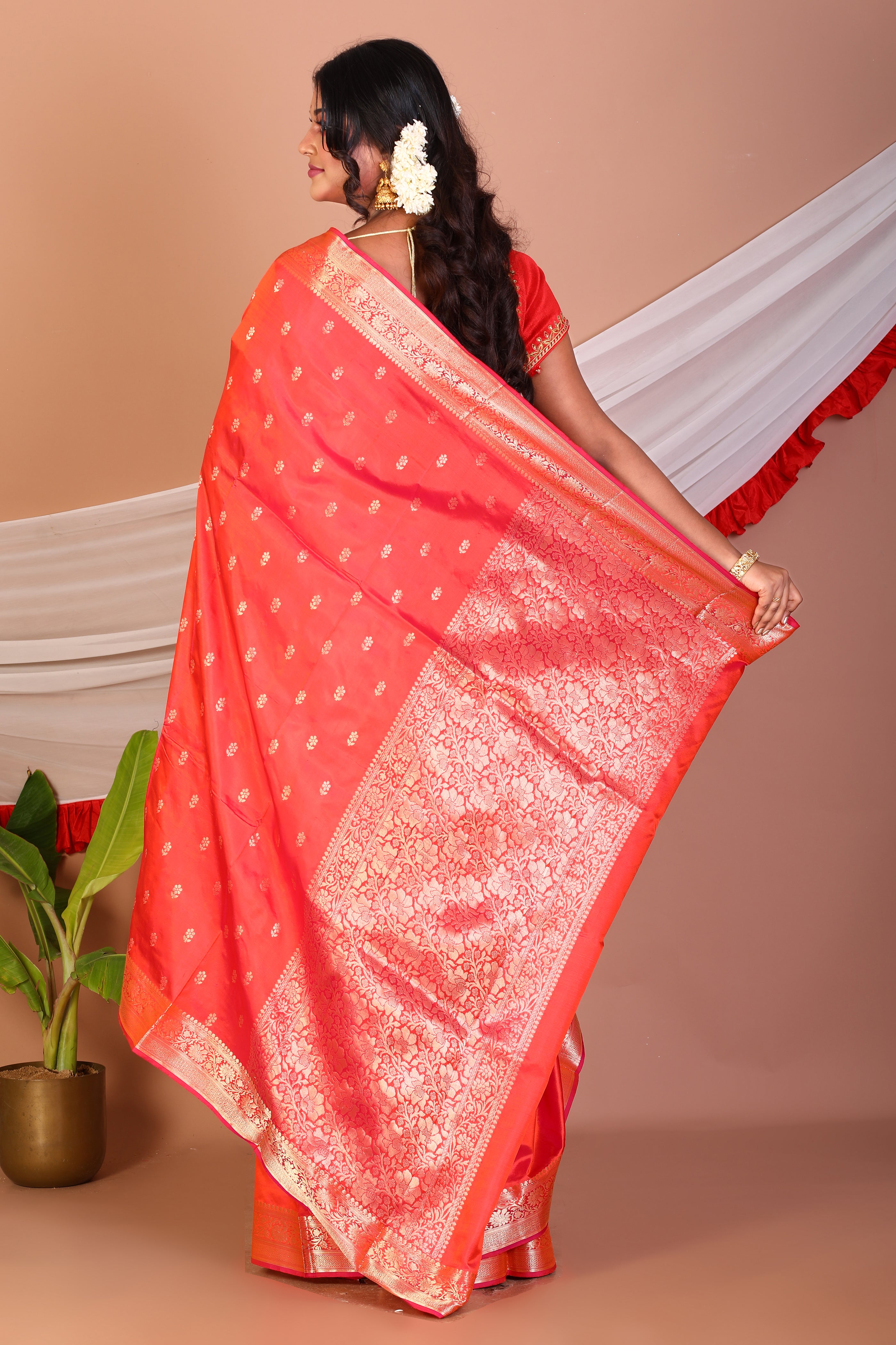 Dual Tone Red Pure Katan Saree - Keya Seth Exclusive