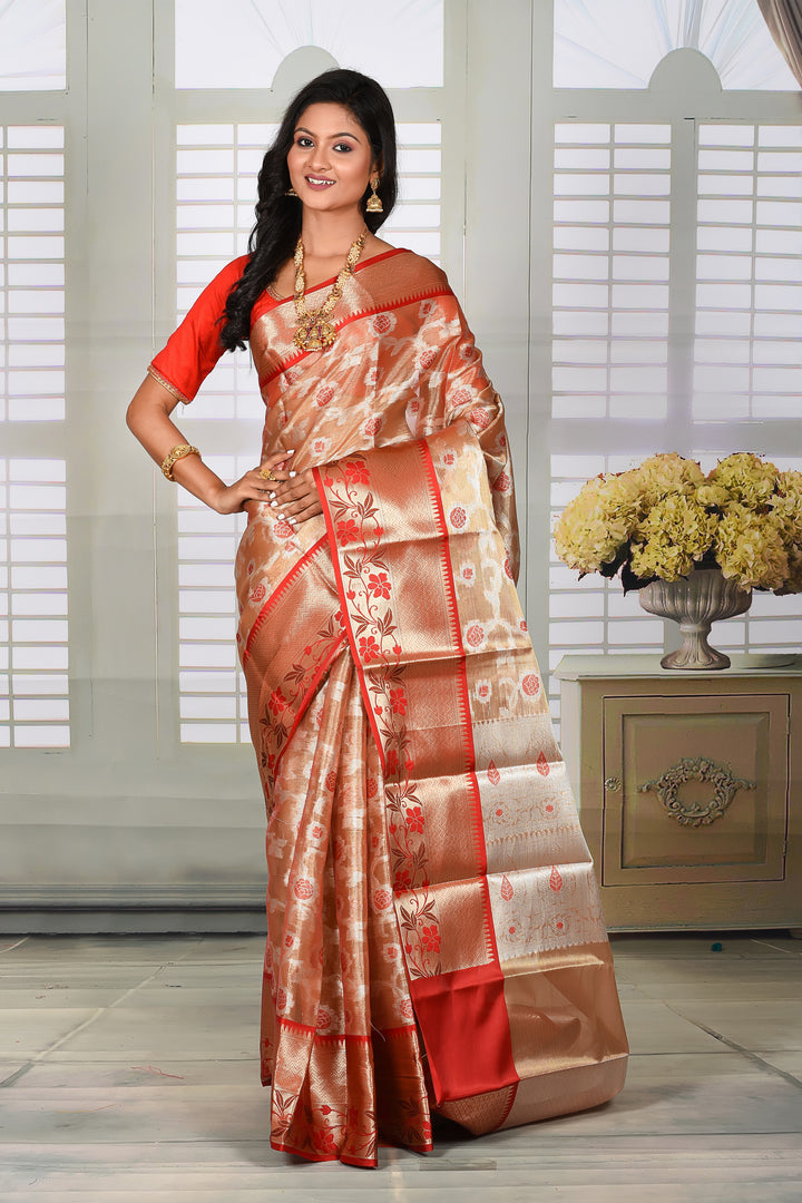 Golden Tissue Saree with Red Border - Keya Seth Exclusive