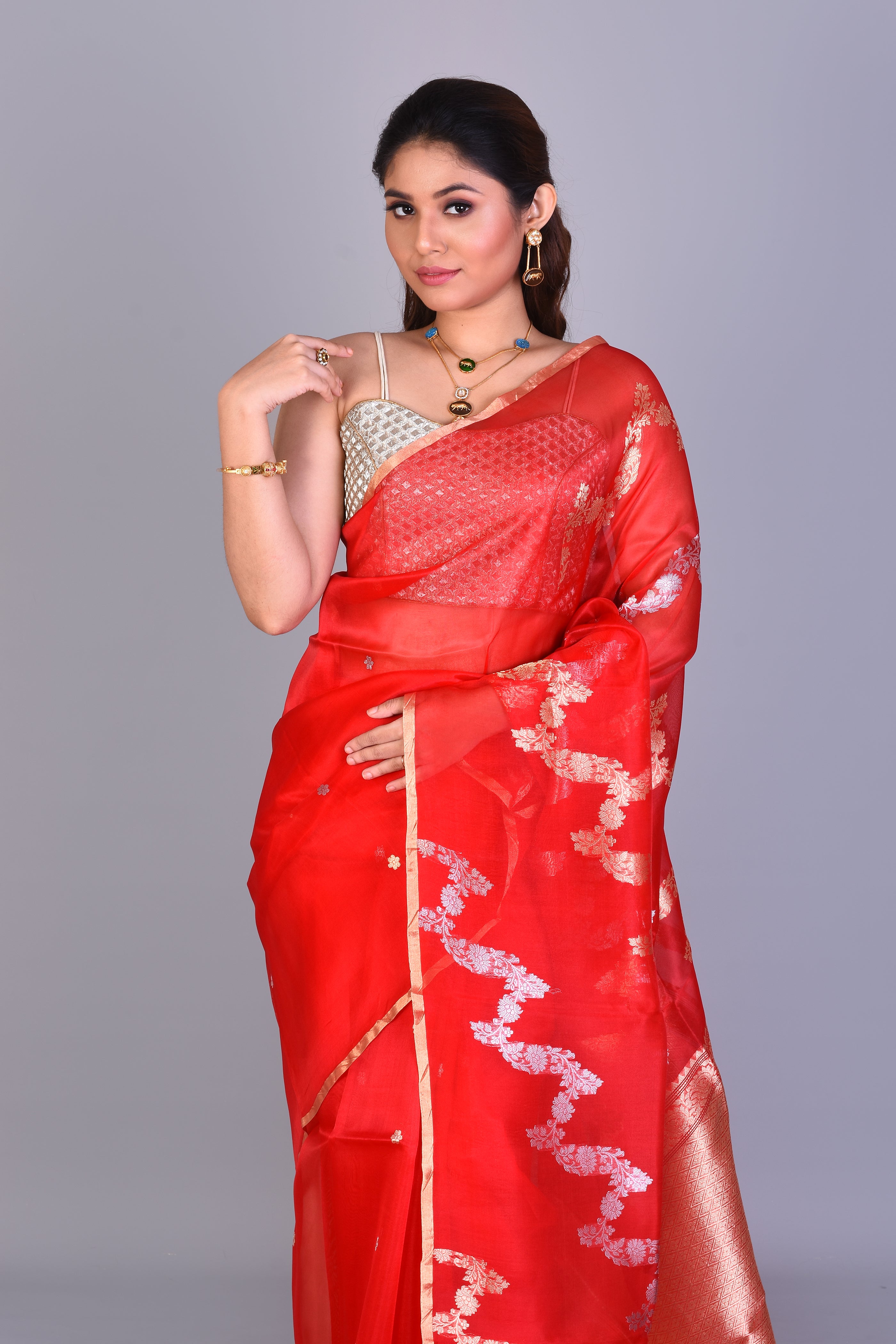 Red Pure Kora Saree with Blouse Piece - Keya Seth Exclusive