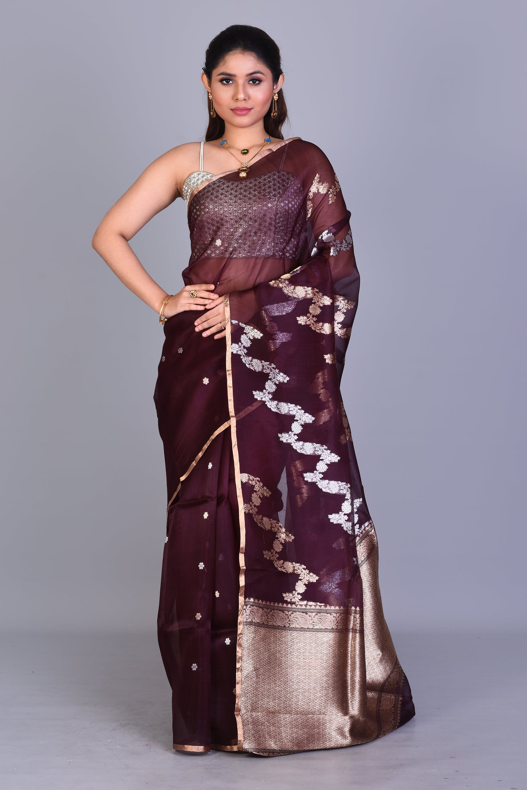 Deep Brown Pure Kora Saree with Blouse Piece - Keya Seth Exclusive