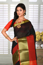 Load image into Gallery viewer, Black Handloom Saree with Golden &amp; Red Border - Keya Seth Exclusive
