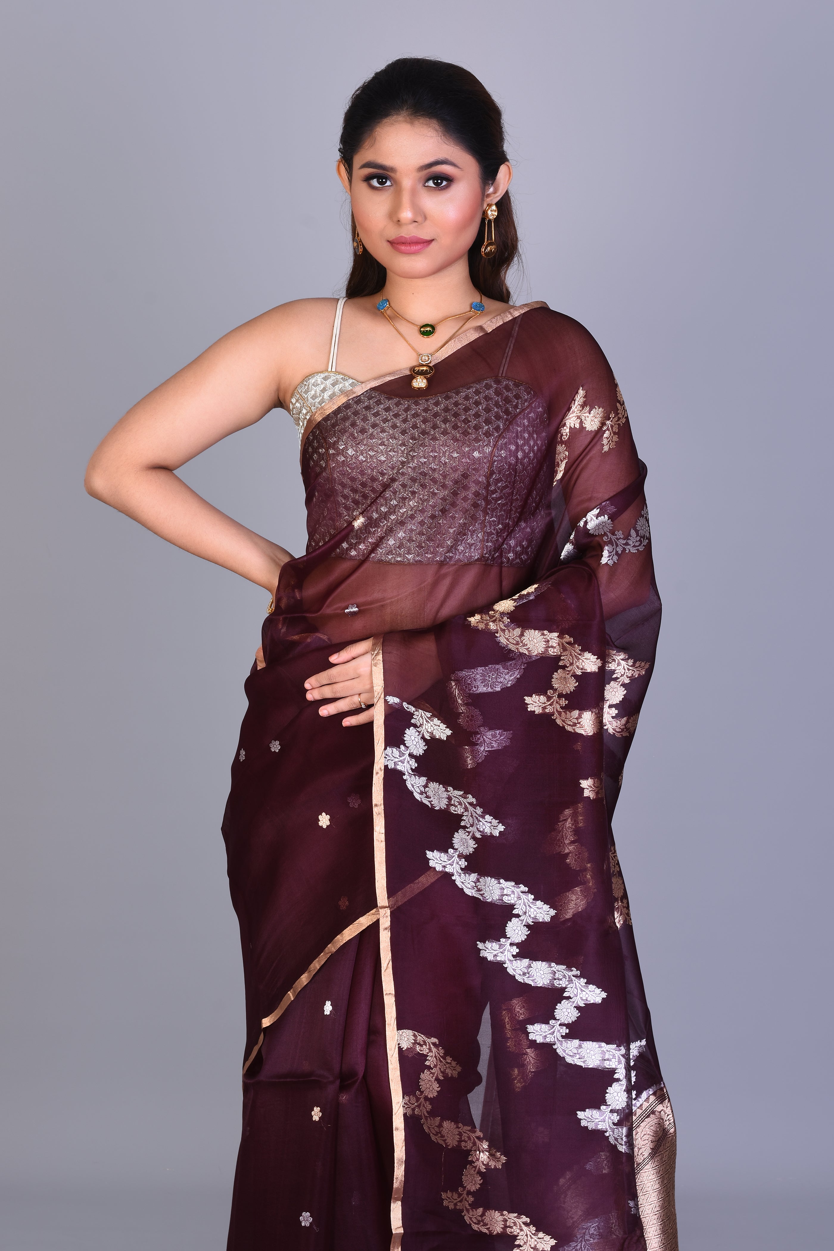 Deep Brown Pure Kora Saree with Blouse Piece - Keya Seth Exclusive