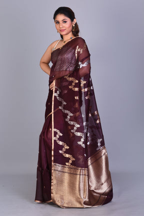 Deep Brown Pure Kora Saree with Blouse Piece - Keya Seth Exclusive